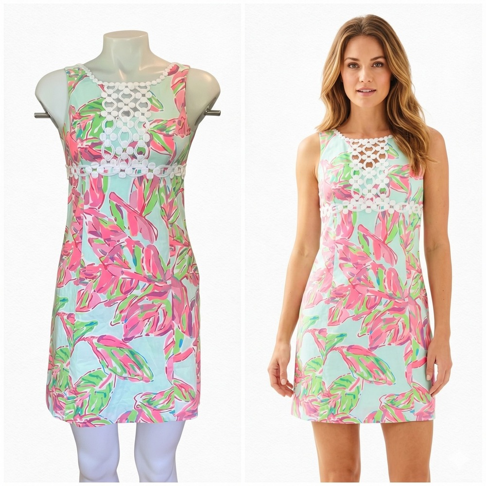 Lilly Pulitzer Cotton Shift Mini Dress 00 Floral Lace Resort Summer Country Club